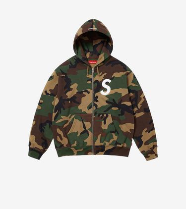 COLLEGIATE APPLIQUÉ ZIP UP HOODED SWEATSHIRT WOODLAND CAMO